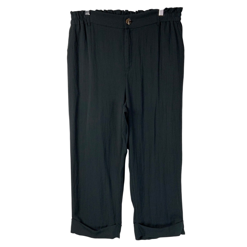 Halara Black Solid Cropped Pants 32 Button Zip Paperbag Waist Cuffed Hem Pockets